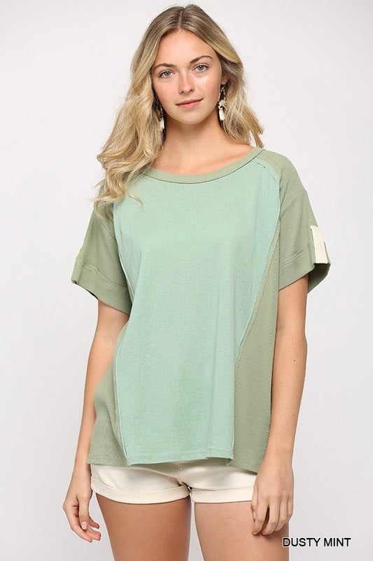 Dusty Mint Ribbed and Solid Mixed Raw Edge Top