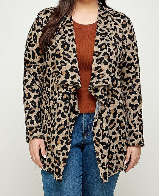 Plus Size, Animal Leopard Printed Knit Cardigan