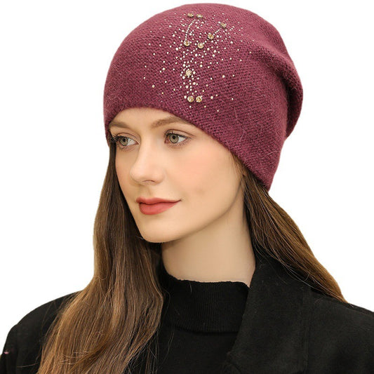 Beanie Hat for Women Knitted Real Rabbit Fur Slouch Cap with Rhinestone Winter Hat