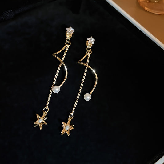 Women's Zircon Faux Pearl Star Tassel Earrings Jewelry Gift